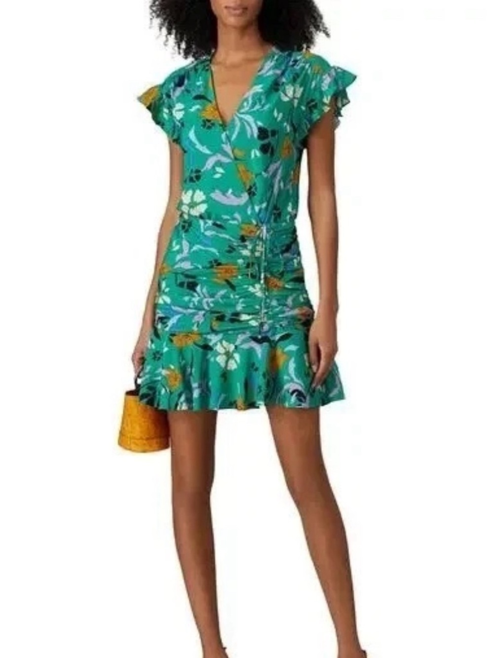 Veronica Beard Silk Teal Floral V-Neck Ruffle-Hem Mini Dress